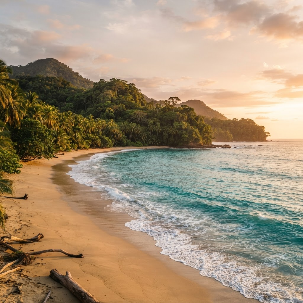 Playa costera de Costa Rica al atardecer con colinas verdes